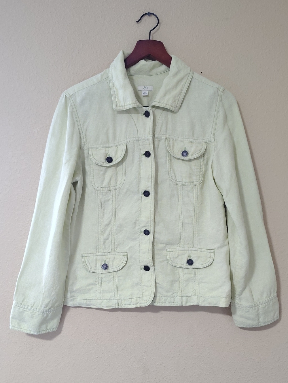 J Jill 100% Linen Button Pockets Blazer Jacket Size M Light Green Sustainable